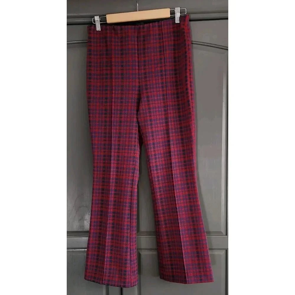 Maeve by Anthropologie The Margot Kick Flare Cropped Pants Small Red/Blue Plaid - Picture 5 of 6